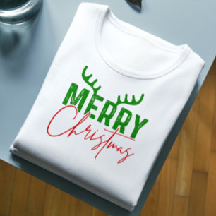 Merry Christmas Typography Antlers Red And Green T-Shirt