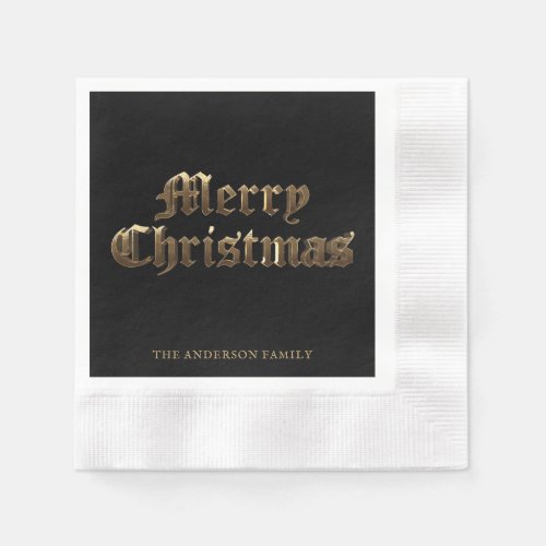 Merry Christmas Typography Black and Gold Napkins