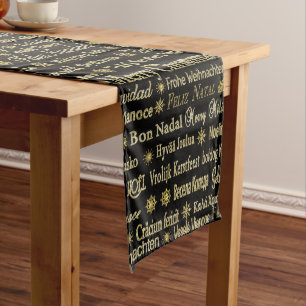 Merry Christmas Typography Black & Gold Glitter Medium Table Runner