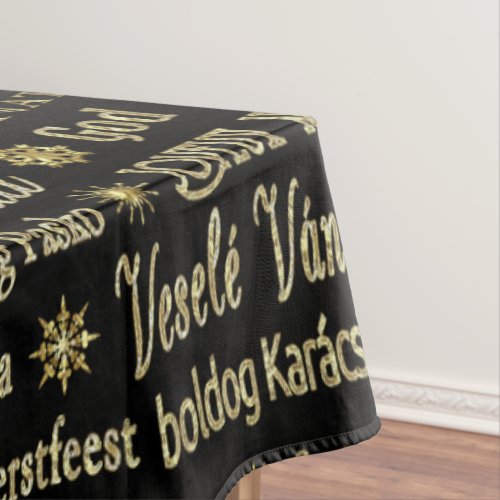 Merry Christmas Typography Black  Gold Glitter Tablecloth