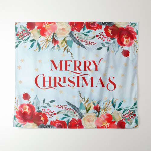 Merry Christmas typography Boho flowers border Tapestry