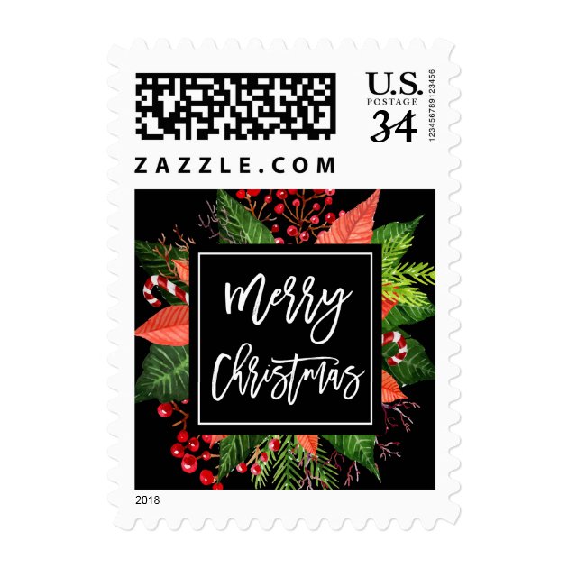 Merry Christmas Typography Botanical Berries Postage