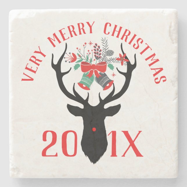 Merry Christmas-Typography Christmas Bells & Deer Stone Coaster (Front)