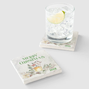 Merry Christmas Typography & Christmas bouquet Stone Coaster