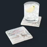 Merry Christmas Typography Christmas Deer Stone Coaster<br><div class="desc">Merry Christmas typography design in red with Christmas deer in winter woods as a backdrop.</div>