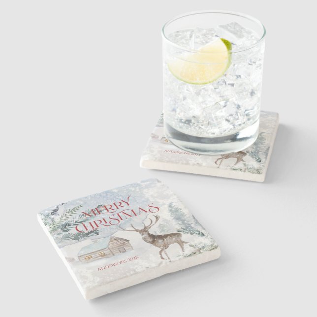 Merry Christmas Typography Christmas Deer Stone Coaster (Side)