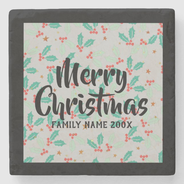 Merry Christmas Typography Christmas Holly Stone Coaster (Front)