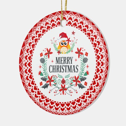 Merry Christmas Typography  Christmas Owl Wreath Ceramic Ornament