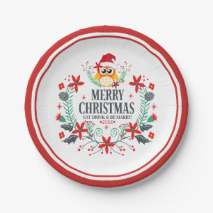 Merry Christmas Typography & Christmas Owl Wreath Paper Plates