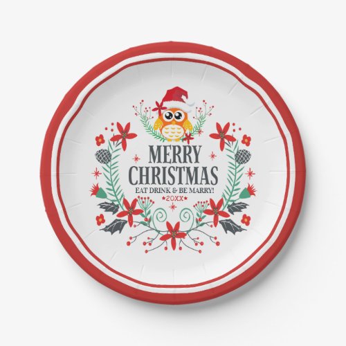 Merry Christmas Typography  Christmas Owl Wreath Paper Plates