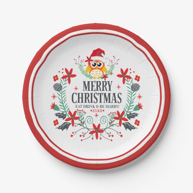 Merry Christmas Typography & Christmas Owl Wreath Paper Plates (Front)