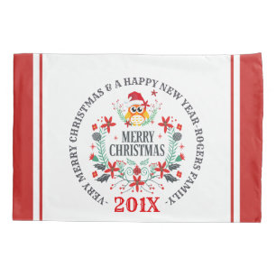 Merry Christmas Typography & Christmas Owl Wreath Pillowcase
