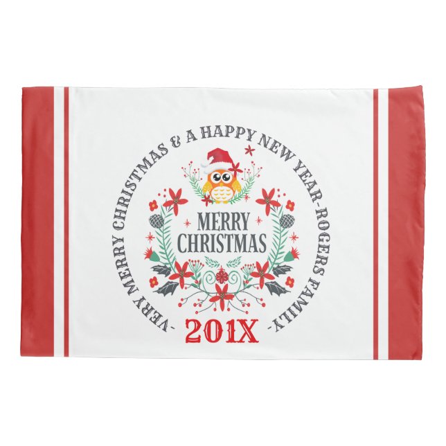Merry Christmas Typography & Christmas Owl Wreath Pillowcase (Back)