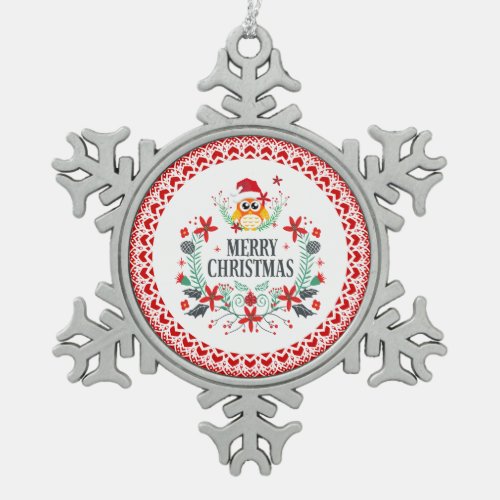 Merry Christmas Typography  Christmas Owl Wreath Snowflake Pewter Christmas Ornament