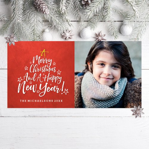 Merry Christmas Typography Christmas Tree Photo Holiday Card