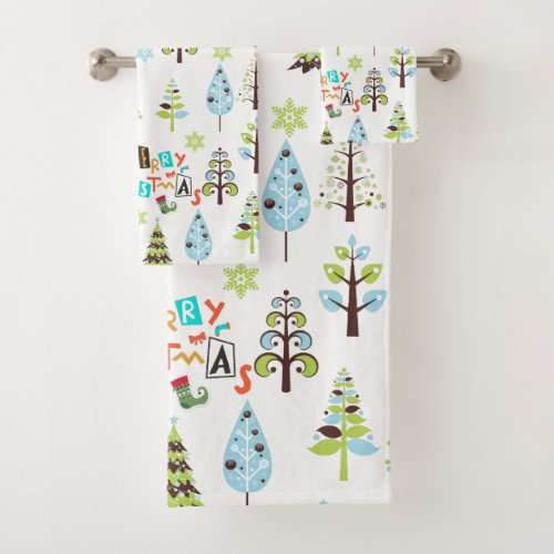 Merry Christmas Typography  Christmas Trees Bath Towel Set