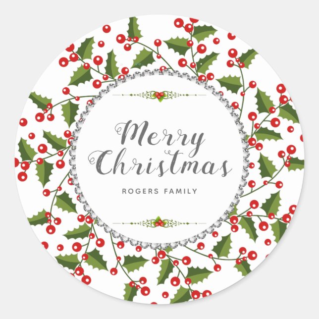 Merry Christmas Typography & Christmas Wreath Classic Round Sticker (Front)