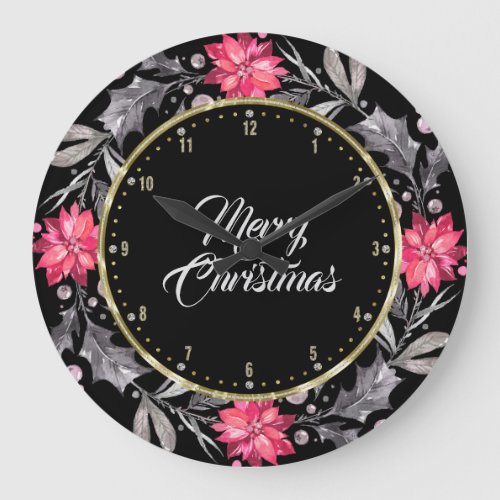 Merry Christmas Typography  Christmas Wreath Large Clock