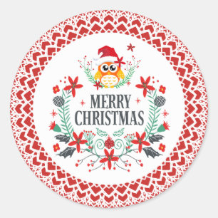 Merry Christmas Typography & Christmas Wreath Owl Classic Round Sticker