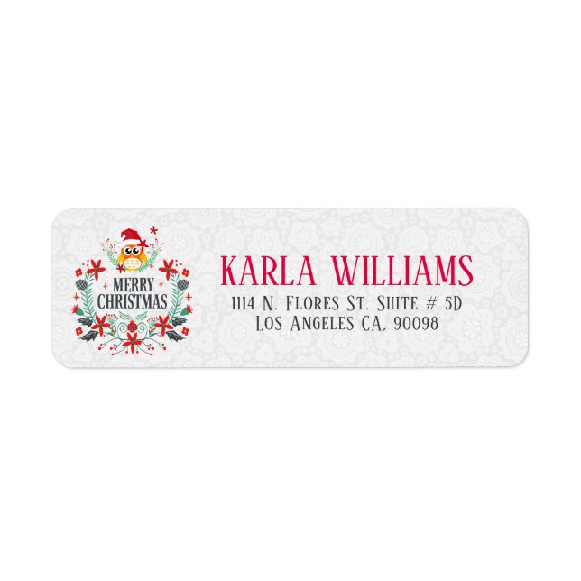 Merry Christmas Typography & Christmas Wreath Owl Label (Front)