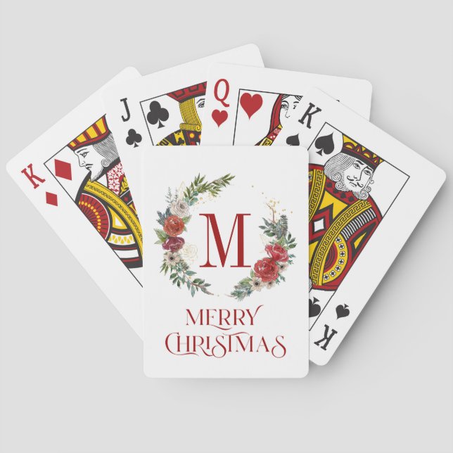 Merry Christmas typography & Christmas wreath Poker Cards (Back)