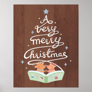 Merry Christmas Typography Cute Reindeers Poster