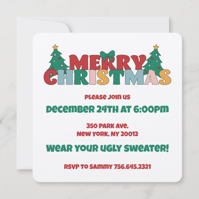 Merry Christmas Typography Decorated Pine Tree Invitation (Front)