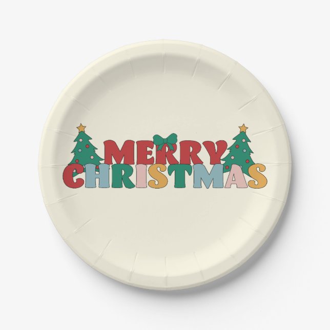 Merry Christmas Typography Decorated Pine Tree Paper Plates (Front)