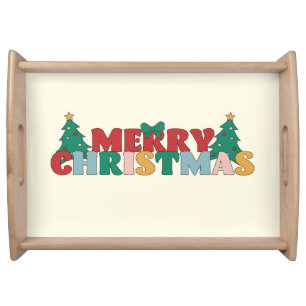 Merry Christmas Typography Decorated Pine Tree Serving Tray