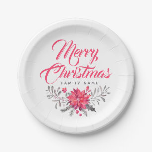 Merry Christmas Typography& Floral Bouquet Paper Plates