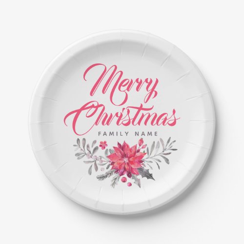 Merry Christmas Typography Floral Bouquet Paper Plates