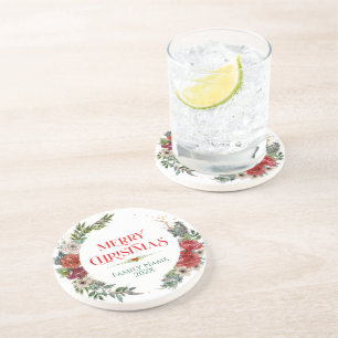 Merry Christmas Typography & Floral Wreath Coaster