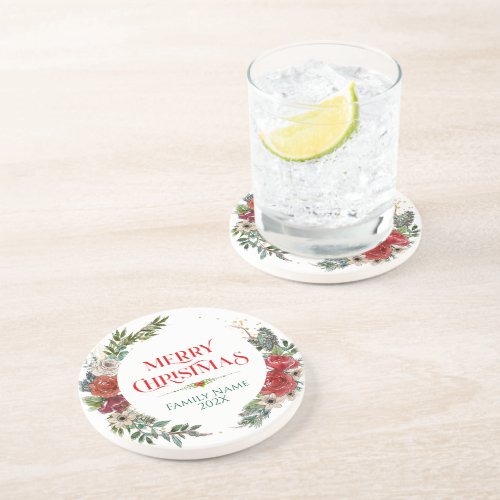 Merry Christmas Typography  Floral Wreath Coaster