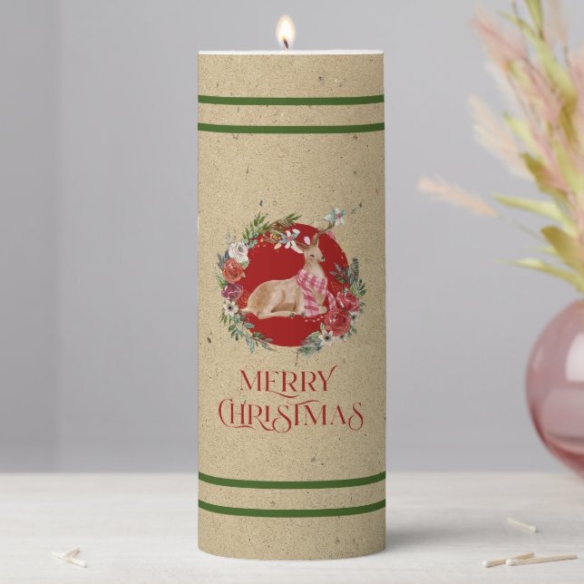 Merry Christmas typography Floral wreath with deer Pillar Candle (In Situ)