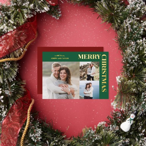 Merry Christmas Typography Gold on Green 3 Photos Foil Holiday Card