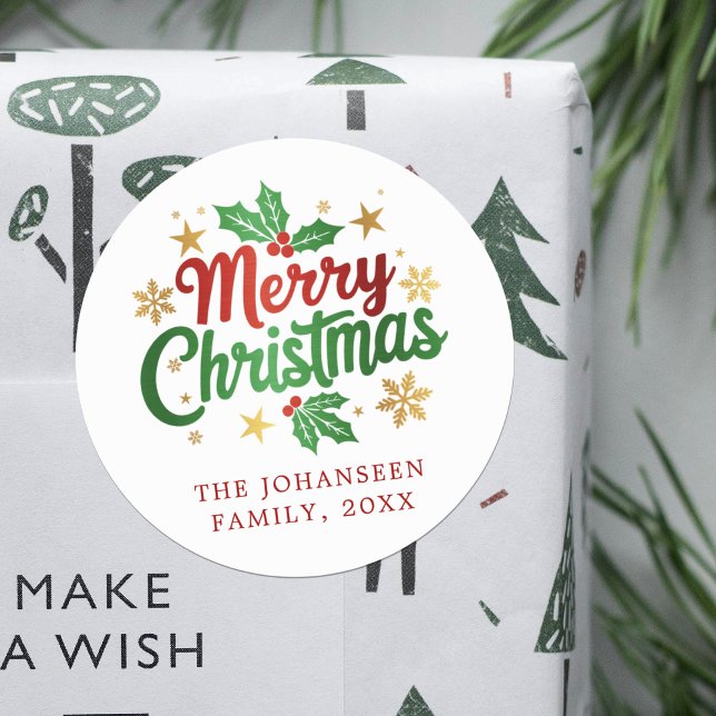 Merry Christmas Typography Holly Berry Family  Classic Round Sticker (Creator Uploaded)