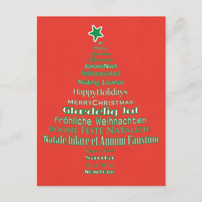 Merry Christmas Typography Language Tree Postcard (Front)