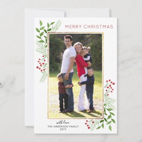 Merry Christmas Typography Leaves Berries Photo Holiday Card