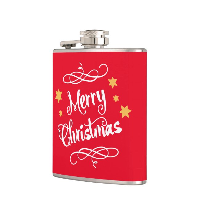 Merry Christmas Typography  Light Red White Hip Flask (Left)