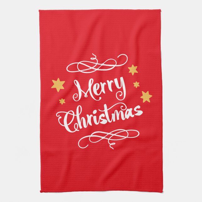 Merry Christmas Typography Light Red White Kitchen Towel (Vertical)