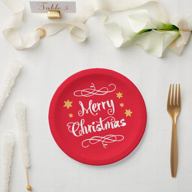 Merry Christmas Typography Light Red White Paper Plates (Wedding)