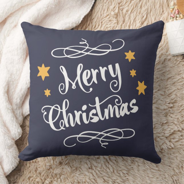 Merry Christmas Typography Midnight Blue White Throw Pillow (Blanket)