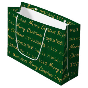 Merry Christmas Typography Noel Navidad Gold Green Large Gift Bag