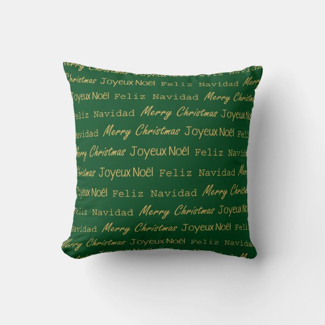 Merry Christmas Typography Noel Navidad Gold Green Throw Pillow (Front)