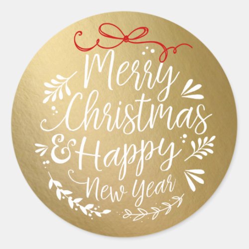 Merry Christmas Typography on Faux Gold Foil Classic Round Sticker