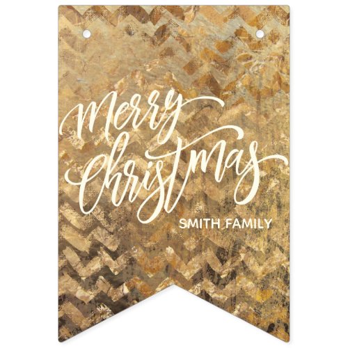 Merry Christmas Typography on Gold Chevron Texture Bunting Flags