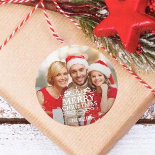 Merry Christmas Typography Overlay Custom Photo Classic Round Sticker