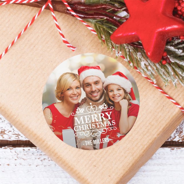 Merry Christmas Typography Overlay Custom Photo Classic Round Sticker (Creator Uploaded)