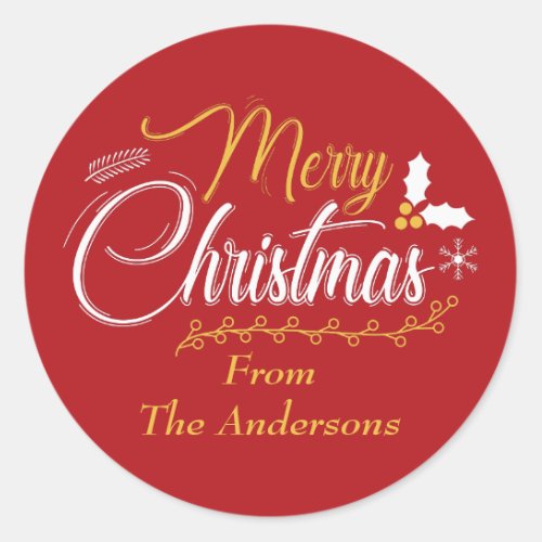 Merry Christmas Typography Personalized Classic Round Sticker