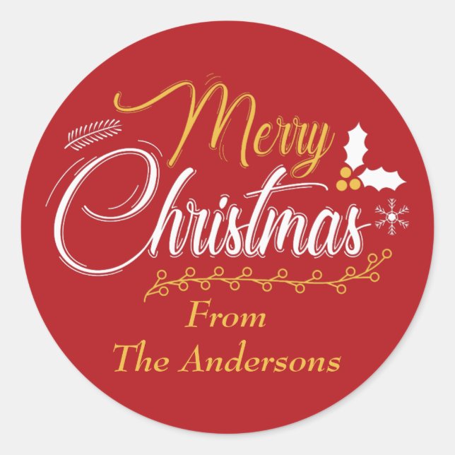 Merry Christmas Typography Personalized Classic Round Sticker (Front)